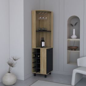 Kaia 70" Tall Corner Bar Cabinet With Four Shelves, Ten Wine Bottle Cubbies and Stemware in Natural Oak - Black - as Pic