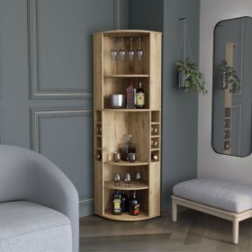 Oban Corner Bar Cabinet with Five Shelves , Eight Bottle Cubbies and Steamware Macadamia - as Pic