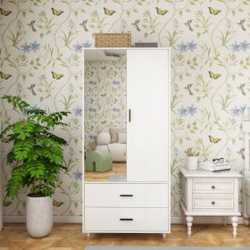 Large Armoire Wardrobe Closet with 2 Doors Hanging Rods 2 Drawers and Mirror, 31.5" W x 20.3" D x 74.2 "H