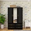 Wooden Armoire Wardrobe Closet with 3 Doors Hanging Rods 4 Drawers Shelves Large Capacity, Black 47.24" W x 19.69" D x 70.87 "H