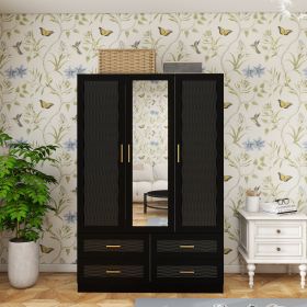 Wooden Armoire Wardrobe Closet with 3 Doors Hanging Rods 4 Drawers Shelves Large Capacity, Black 47.24" W x 19.69" D x 70.87 "H