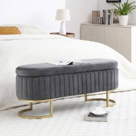 Storage Bench Bedroom Bench, Velvet Oval Upholstered End of Bed Bench with Golden Metal Legs, Grey