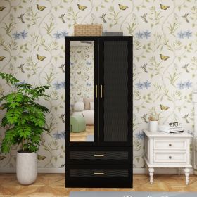 Modern Wooden Armoire Wardrobe Closet with 2 Doors, Hanging Rods, 2 Drawers, Mirror, Shelving, Black 31.5" W x 19.69" D x 70.87"