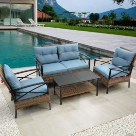 Patio 4 piece sectional low dining conversation sofa set- KD rattan wicker outdoor garden furniture corner sofa set
