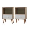 Set of 2 Mid-Century Wood Nightstand, Bed Sofa Side Table with Drawer and Shelf, Modern End Table- Natural and White