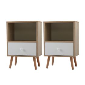 Set of 2 Mid-Century Wood Nightstand, Bed Sofa Side Table with Drawer and Shelf, Modern End Table- Natural and White