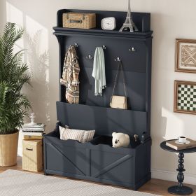 Hall Tree with Storage Bench, Entryway Bench with Drawer and 5 Hooks, Coat Rack with Display Shelf for Hallway Entryways, Dark Blue - as Pic