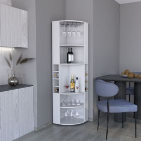 71" Corner Bar Cabinet with Five Shelves, Eight Bottle Cubbies and Stemware,White - as Pic