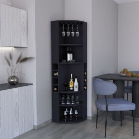 71" Corner Bar Cabinet with Five Shelves, Eight Bottle Cubbies and Stemware,Black - as Pic