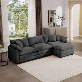 Corduroy 3-seater sofa with 1 footrest, L-shaped double sofa with ottoman for small living rooms, Grey corduroy sofa - as Pic