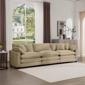 Mid-Century Modern Sectional Sofa 3-Seater Sectional Sofa with 2 Arm Pillows and 3 Pillows, Living Room Sectional Tan Corduroy Fabric - as Pic