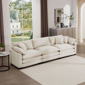 Mid-Century Modern Sofa 3-Seater Sectional Sofa with 2 Arm Pillows and 3 Throw Pillows, Light Beige Corduroy Fabric - as Pic