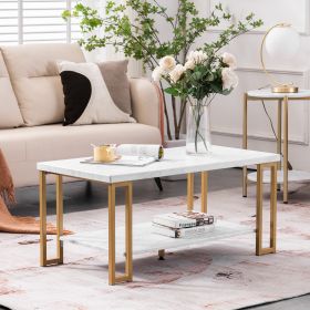 (106 x 50 x 48cm) Simple Double-layer Golden Iron Pipe Marble PVC Coffee Table Rectangular - White & Golden