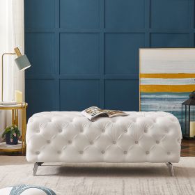 Button-Tufted Ottoman Bench, Upholstered Velvet Footrest Stool Accent Bench for Entryway Living Room Bedroom. - White