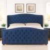 Marcella Upholstered Shelter Headboard Bed Set, King, Dark Sapphire Blue Woven - as Pic