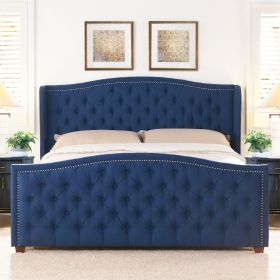 Marcella Upholstered Shelter Headboard Bed Set, King, Dark Sapphire Blue Woven - as Pic