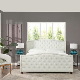 Marcella Upholstered Shelter Headboard Bed Set, King, Antique White Polyester - as Pic