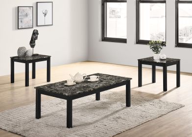 Contemporary Black Faux Marble Top 1x Coffee Table and 2x End Tables 3pc Coffee Table Set Living Room Furniture - as Pic