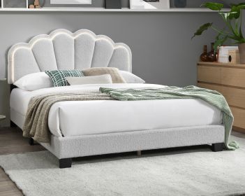 White 1pc Queen Size Bed Wool Fabric Floral Design Headboard w LED Fully Upholstered Platform Bedframe - as Pic