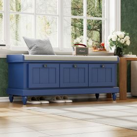Classic Storage Bench with Cushioned Seat and Three Drawers for Entryway and Living Room - Navy Blue - MDF