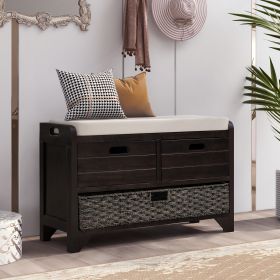 Storage Bench with Removable Basket and 2 Drawers,Fully Assembled Shoe Bench with Removable Cushion - Espresso - Solid Wood