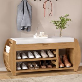 Retro Multifunctional Storage Bench with Cushion and Curved Side Panel for Entrance and Living Room - Natural - MDF