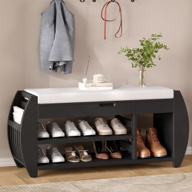 Retro Multifunctional Storage Bench with Cushion and Curved Side Panel for Entrance and Living Room - Black - MDF