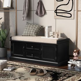 Storage Bench with 2 Drawers and 2 Cabinets,Shoe Bench with Removable Cushion for Living Room,Entryway - Black - Solid Wood