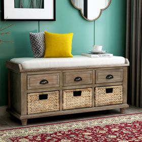 Rustic Storage Bench with 3 Drawers and 3 Rattan Baskets,Shoe Bench for Living Room,Entryway - White Washed - Solid Wood
