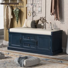 Storage Bench with 2 Drawers and 2 Cabinets,Shoe Bench with Removable Cushion for Living Room,Entryway - Antique Navy - Solid Wood
