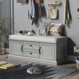 Storage Bench with 2 Drawers and 2 Cabinets,Shoe Bench with Removable Cushion for Living Room,Entryway - Gray Wash - Solid Wood