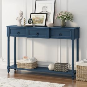 Console Table Sofa Table with Drawers for Entryway with Projecting Drawers and Long Shelf - Antique Navy - Solid Wood+MDF