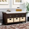 Rustic Storage Bench with 3 Drawers and 3 Rattan Baskets,Shoe Bench for Living Room,Entryway - Espresso - Solid Wood