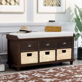 Rustic Storage Bench with 3 Drawers and 3 Rattan Baskets,Shoe Bench for Living Room,Entryway - Espresso - Solid Wood