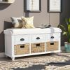 Rustic Storage Bench with 3 Drawers and 3 Rattan Baskets,Shoe Bench for Living Room,Entryway - White - Solid Wood
