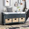 Rustic Storage Bench with 3 Drawers and 3 Rattan Baskets,Shoe Bench for Living Room,Entryway - Antique Navy - Solid Wood