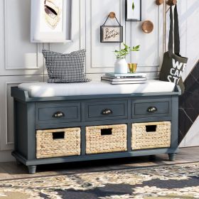 Rustic Storage Bench with 3 Drawers and 3 Rattan Baskets,Shoe Bench for Living Room,Entryway - Antique Navy - Solid Wood