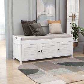 Storage Bench with 3 Shutter-shaped Doors,Shoe Bench with Removable Cushion and Hidden Storage Space - White - MDF