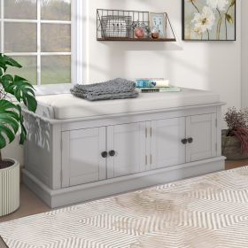 Storage Bench with 4 Doors and Adjustable Shelves,Shoe Bench with Removable Cushion for Living Room,Entryway - Gray Wash - Solid Wood
