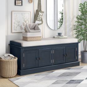 Storage Bench with 4 Doors and Adjustable Shelves,Shoe Bench with Removable Cushion for Living Room,Entryway - Antique Navy - Solid Wood