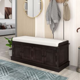 Storage Bench with 4 Doors and Adjustable Shelves,Shoe Bench with Removable Cushion for Living Room,Entryway - Espresso - Solid Wood