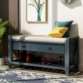 Shoe Rack with Cushioned Seat and Drawers,Multipurpose Entryway Storage Bench - Antique Navy - Solid Wood