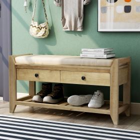 Shoe Rack with Cushioned Seat and Drawers,Multipurpose Entryway Storage Bench - Gray Wash - Solid Wood