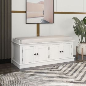Storage Bench with 4 Doors and Adjustable Shelves,Shoe Bench with Removable Cushion for Living Room,Entryway - White - Solid Wood