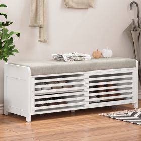 Distressed Shutter Storage Bench with Acacia Veneer for Retro Charm for Living Room,Entryway - White - MDF