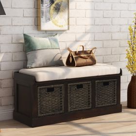 Rustic Storage Bench with 3 Removable Classic Rattan Basket ,Entryway Bench with Removable Cushion - Espresso - Solid Wood