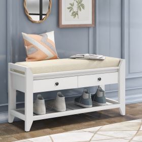 Shoe Rack with Cushioned Seat and Drawers,Multipurpose Entryway Storage Bench - White - Solid Wood