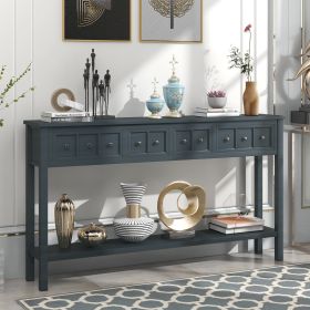 Rustic Entryway Console Table,60" Long Sofa Table with two Different Size Drawers and Bottom Shelf for Storage - Navy - Solid Wood