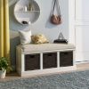 Rustic Storage Bench with 3 Removable Classic Rattan Basket ,Entryway Bench with Removable Cushion - White - Solid Wood