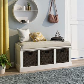 Rustic Storage Bench with 3 Removable Classic Rattan Basket ,Entryway Bench with Removable Cushion - White - Solid Wood